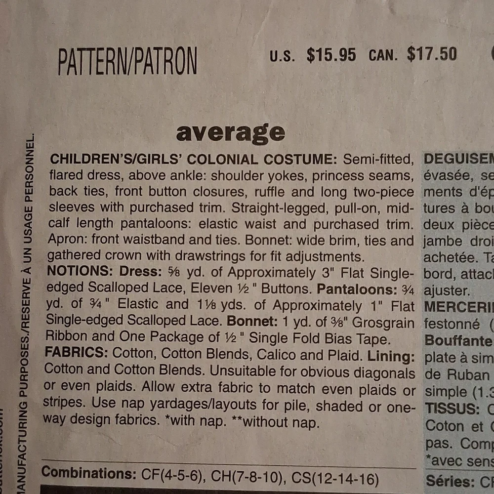 Girls Colonial Costume Pattern By Butterick Patterns B4569